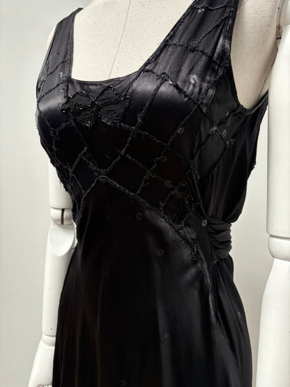 1930s Black Satin Beaded Evening Dress (wounded)
