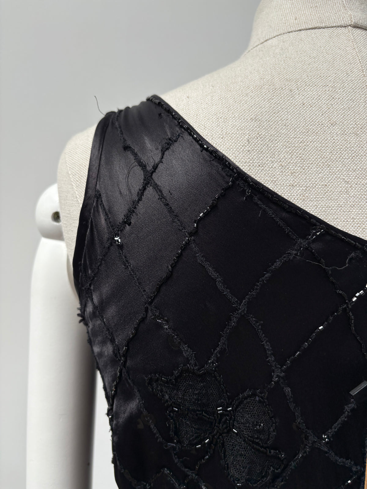 1930s Black Satin Beaded Evening Dress (wounded)