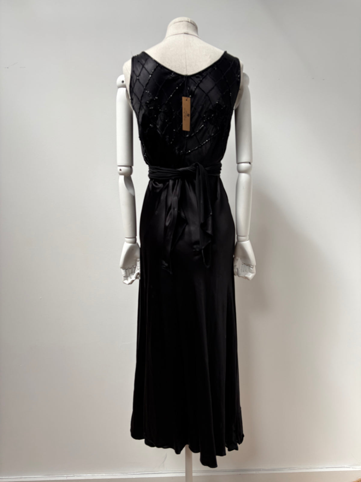 1930s Black Satin Beaded Evening Dress (wounded)