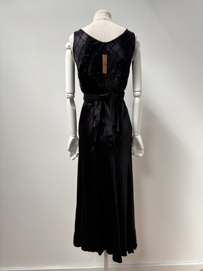 1930s Black Satin Beaded Evening Dress (wounded)