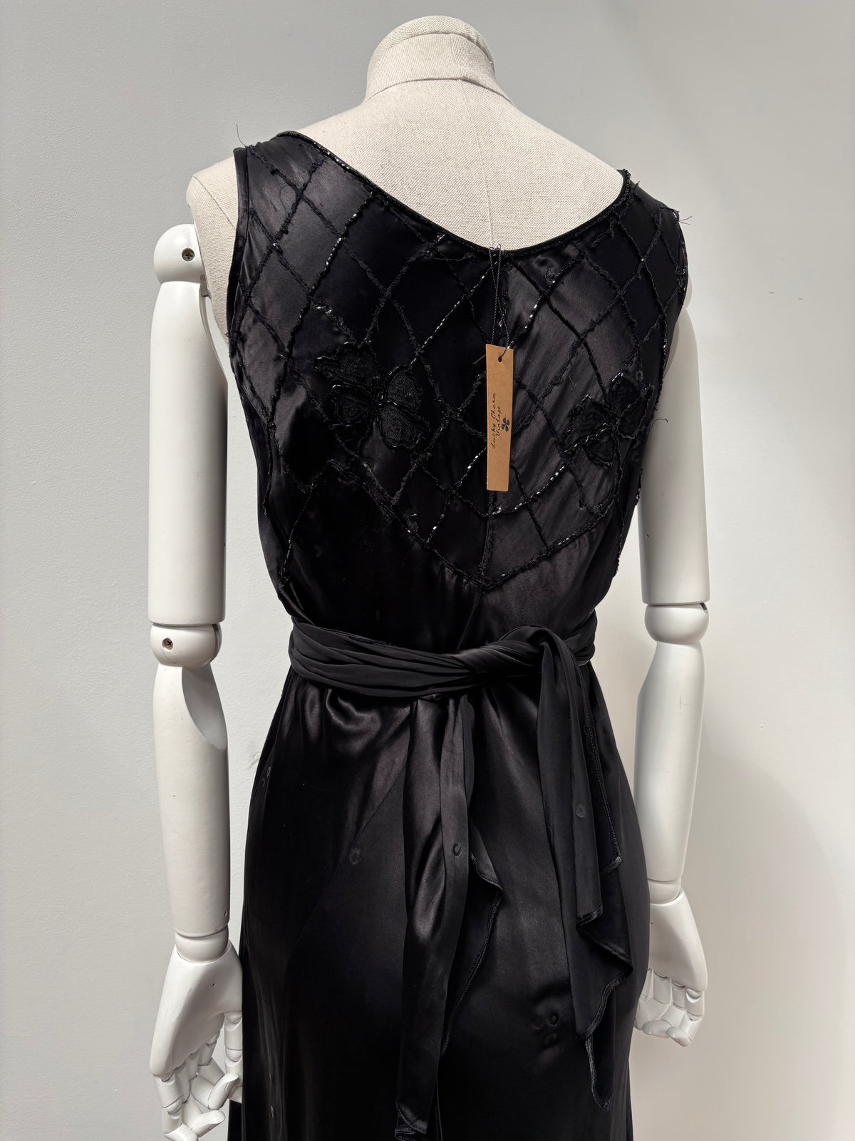 1930s Black Satin Beaded Evening Dress (wounded)