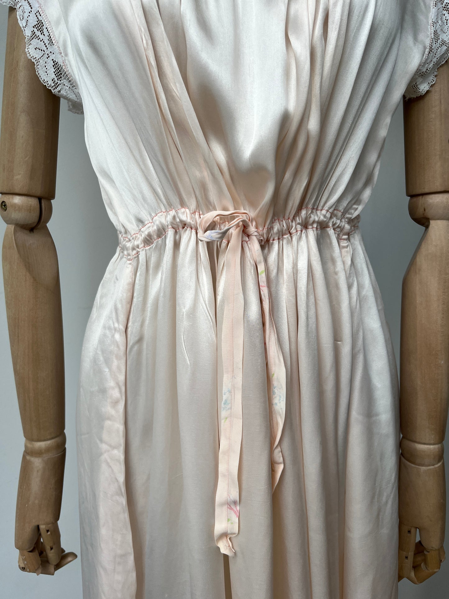 1920s Reworked Pink Satin Nightdress with Crochet Lace Trim