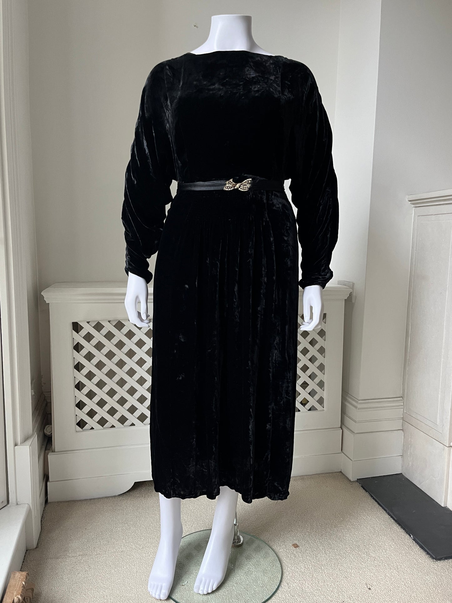 1930s Black Velvet Dress with Dolman Sleeves