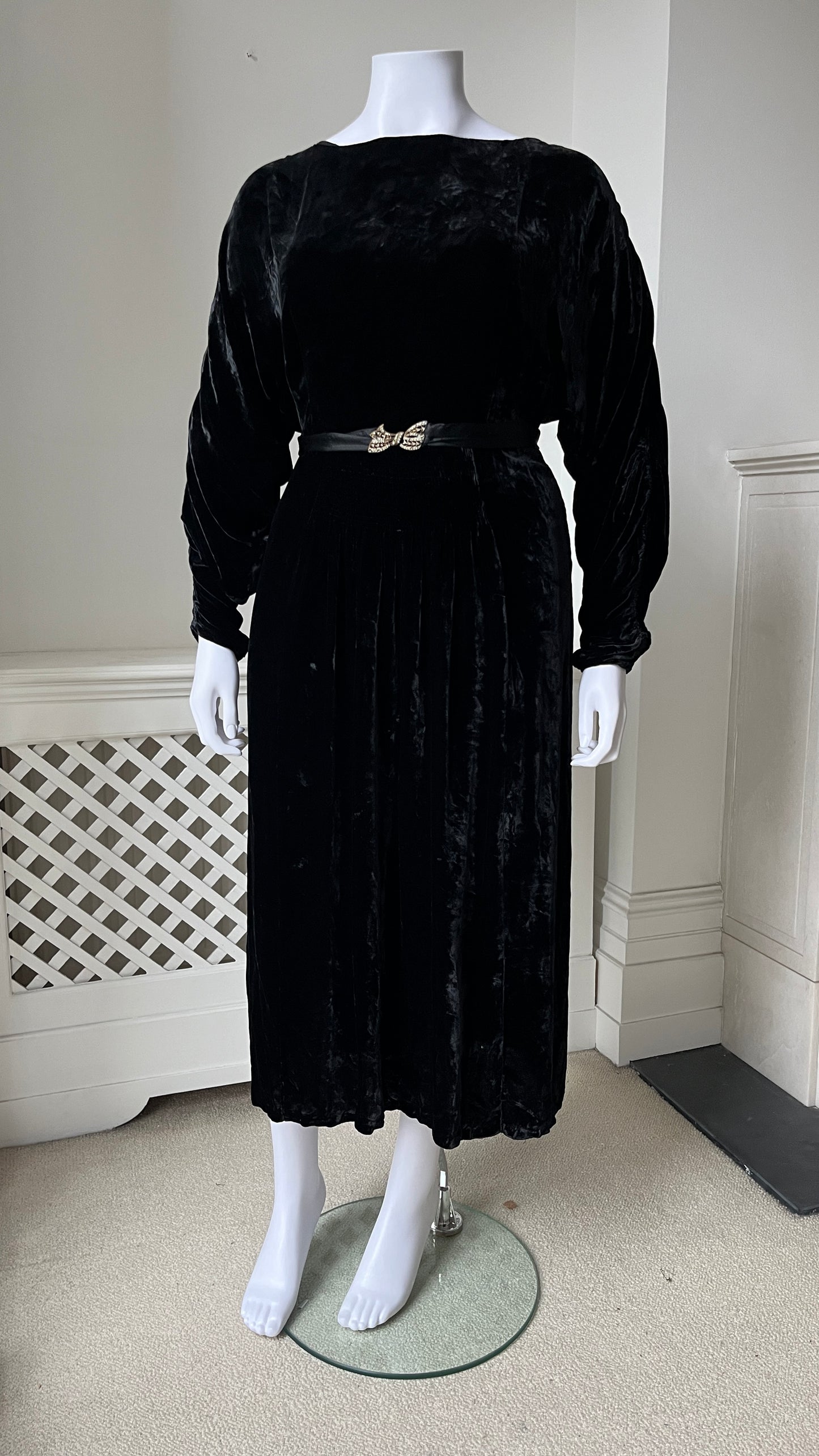 1930s Black Velvet Evening Dress with Dolman Sleeves