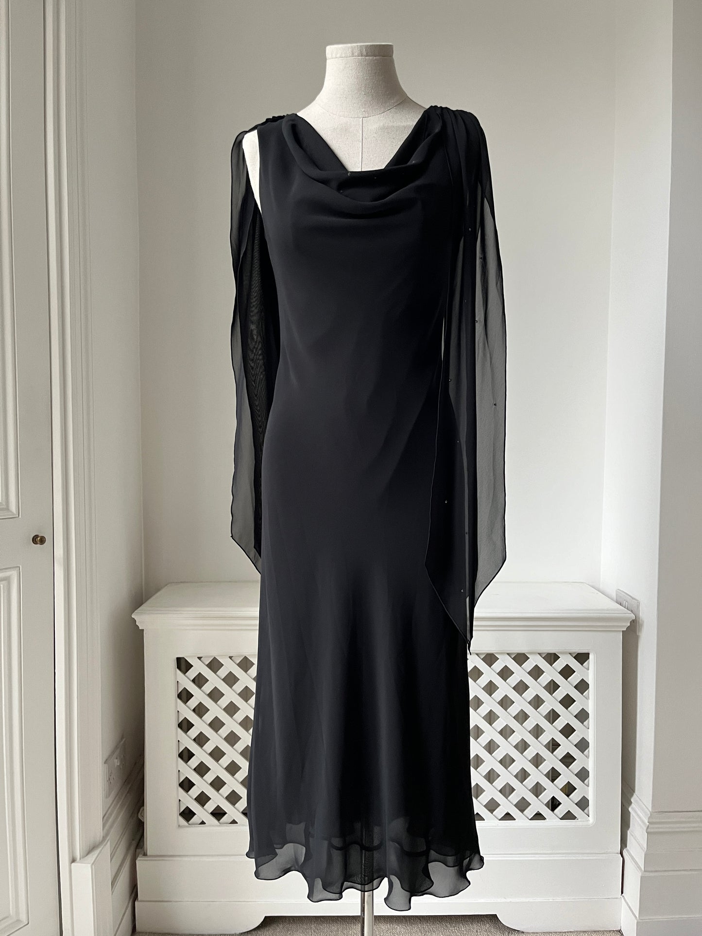 2000s Y2K 'Brunella' Caped Sleeve Bias Slip Dress with Cowl