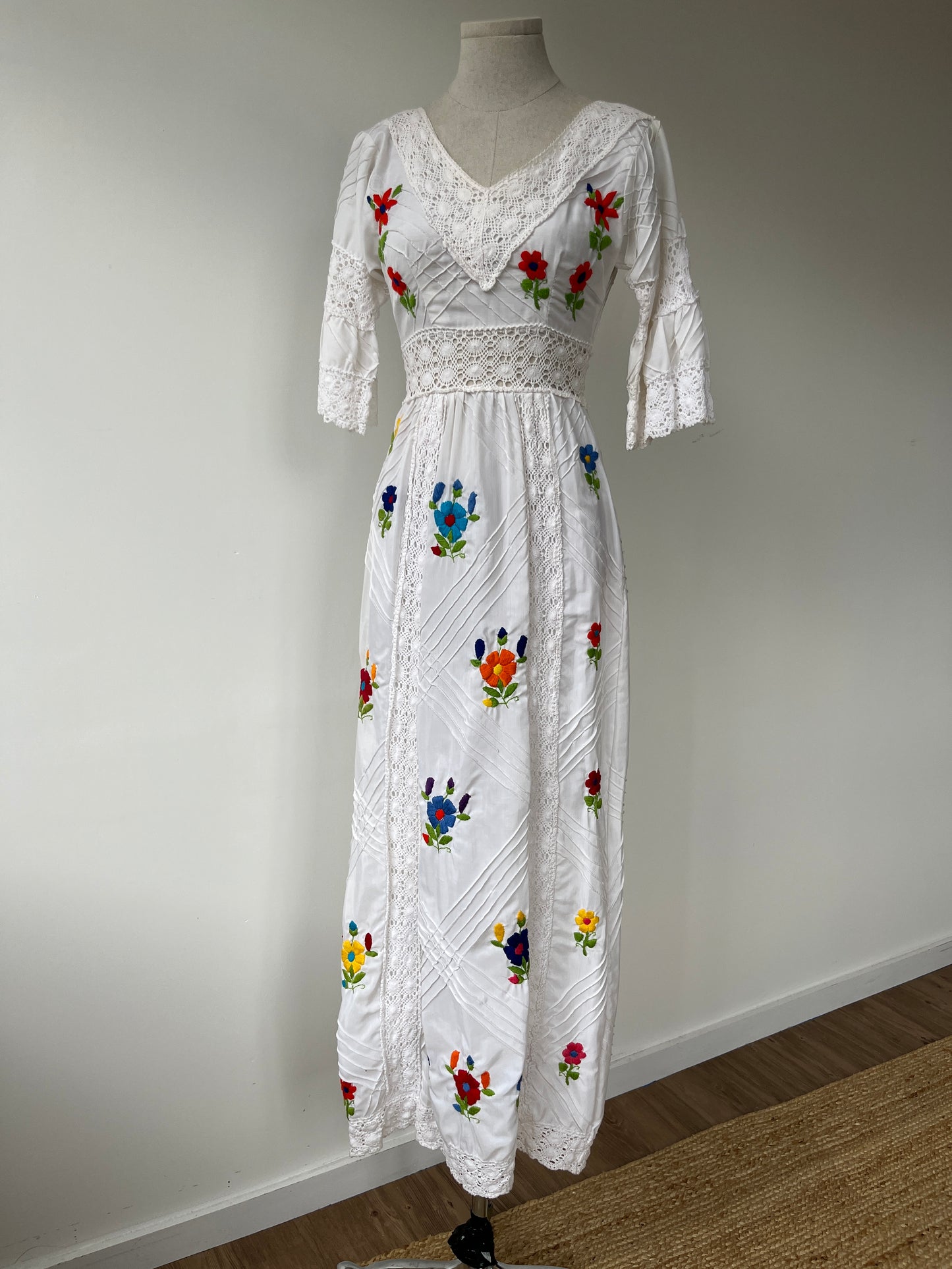 1970s Mexican Folk Dress with Floral Embroidery