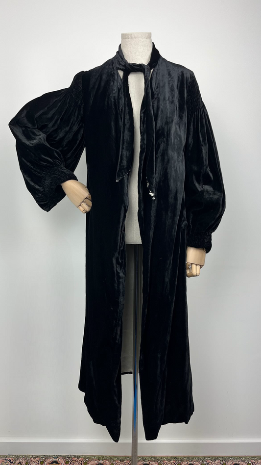 1920s Black Velvet Opera Coat with Tie Neck