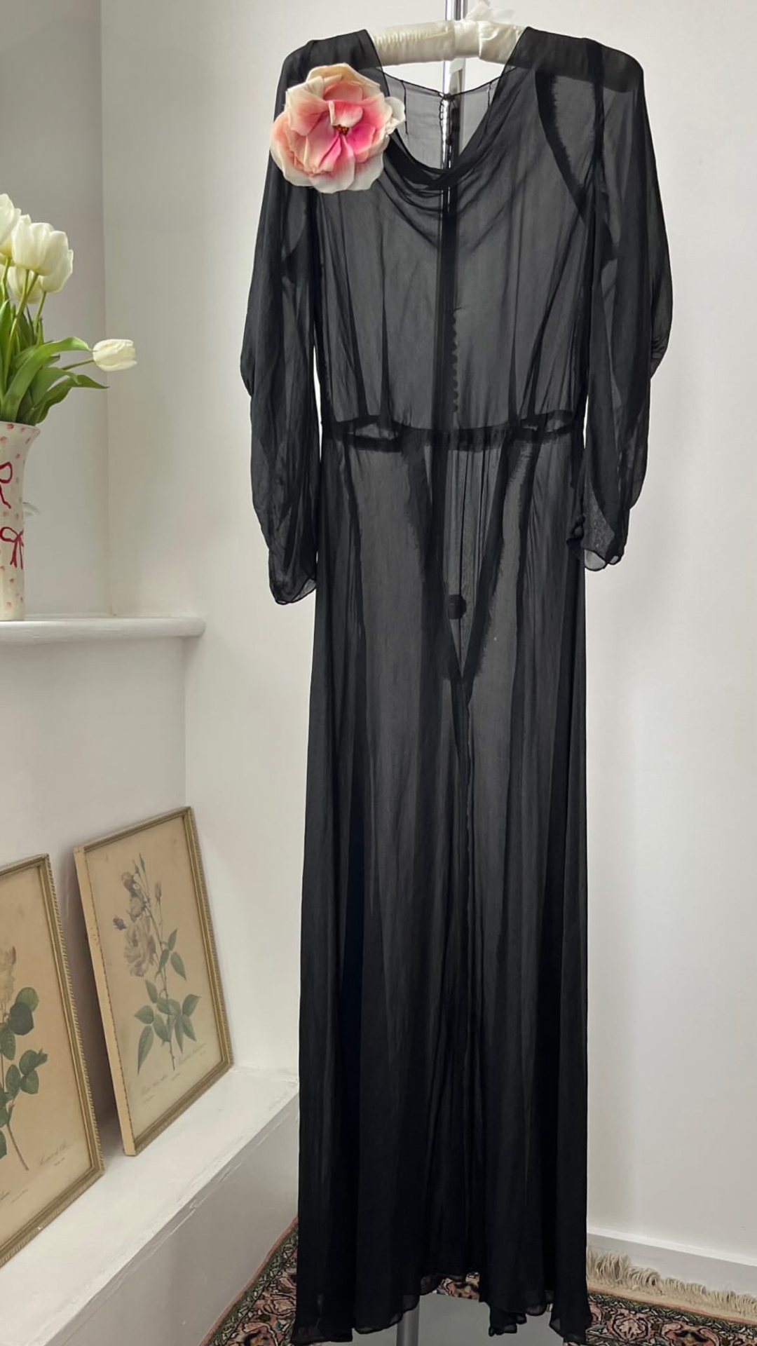 1930s Black Printed Silk Cowl Chiffon Bias Sheer Dress With Original Peony Rosette