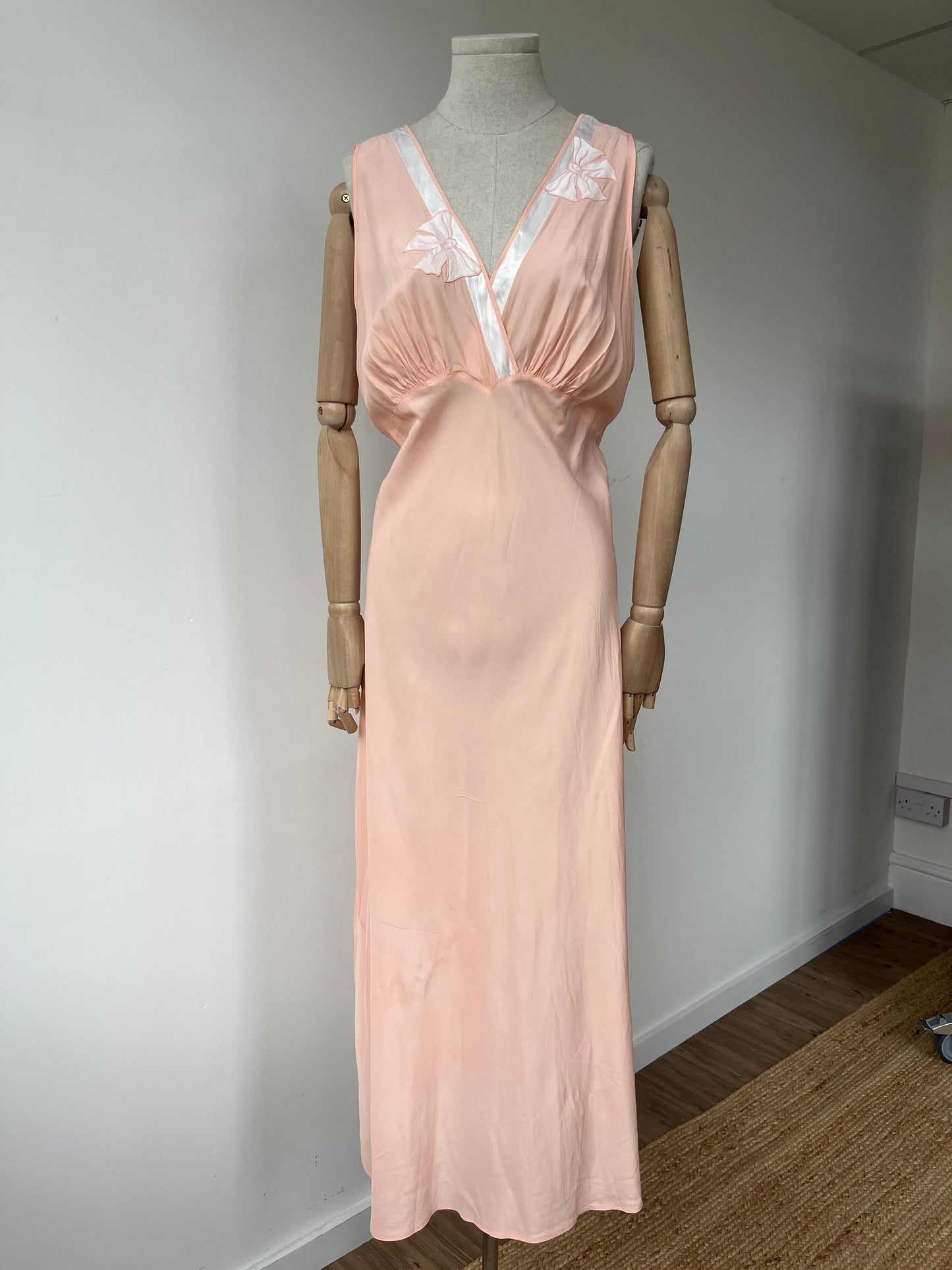 1930s 1940s Pink Rayon Crepe Slip Nightdress with Bows