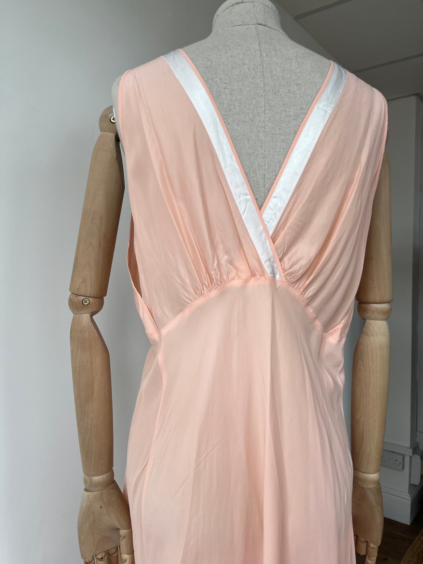 1930s 1940s Pink Rayon Crepe Slip Nightdress with Bows