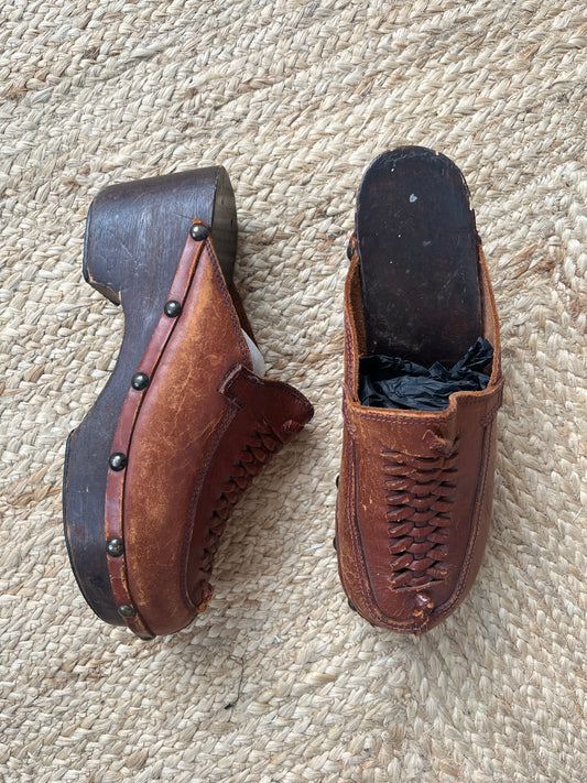 1980s Brown Leather Clogs with Wooden Soles