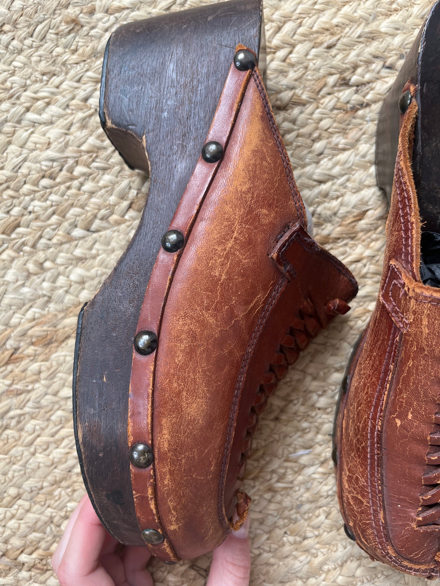 1980s Brown Leather Clogs with Wooden Soles