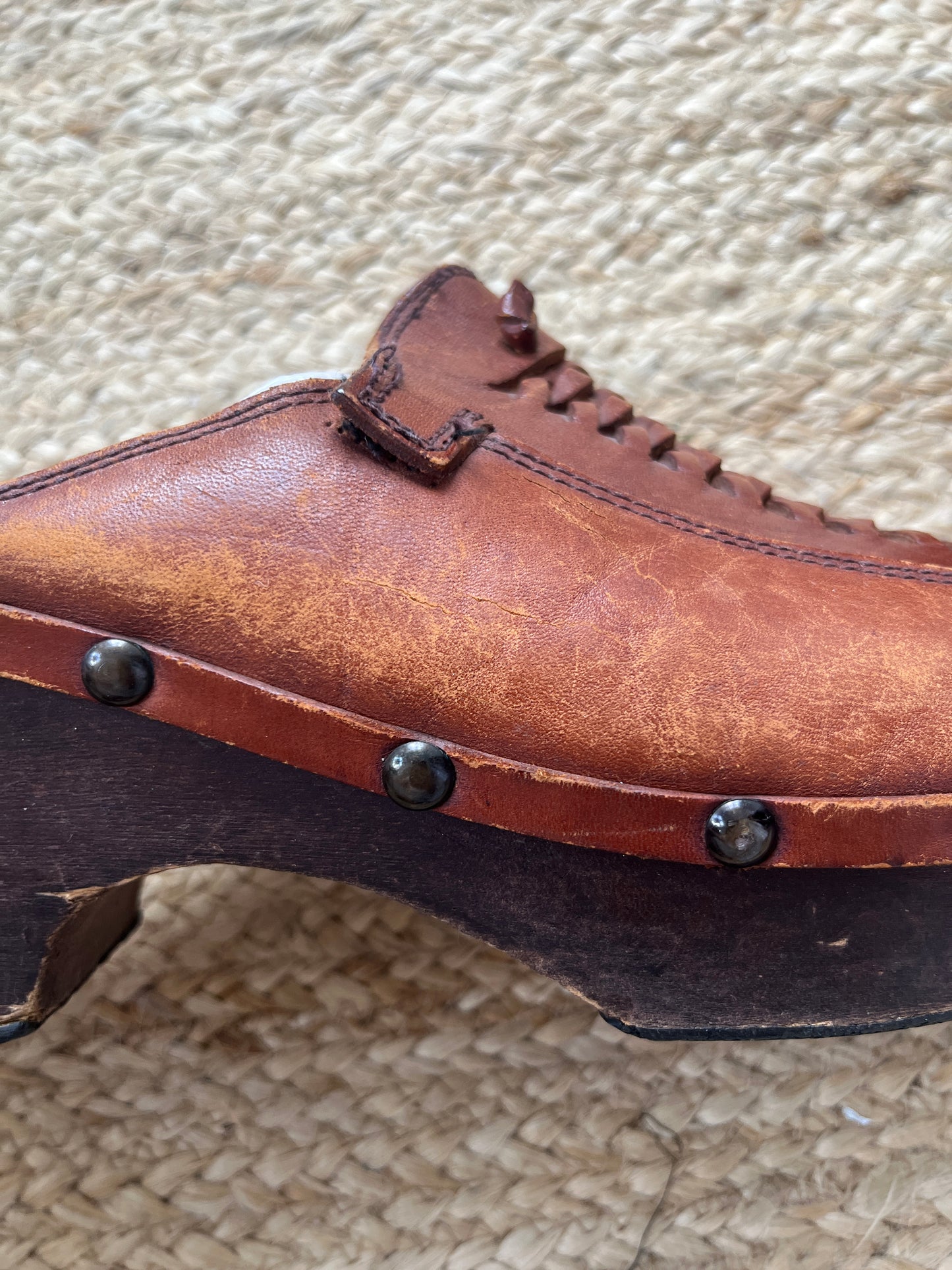 1980s Brown Leather Clogs with Wooden Soles