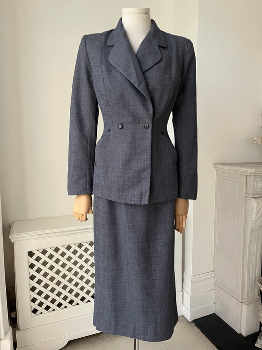 1940s Woven Grey Nipped Waist Skirt Suit