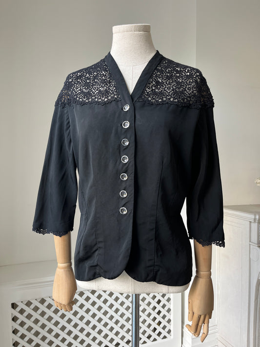 1950s Homemade Black Jacket with Cotton Guipure Lace