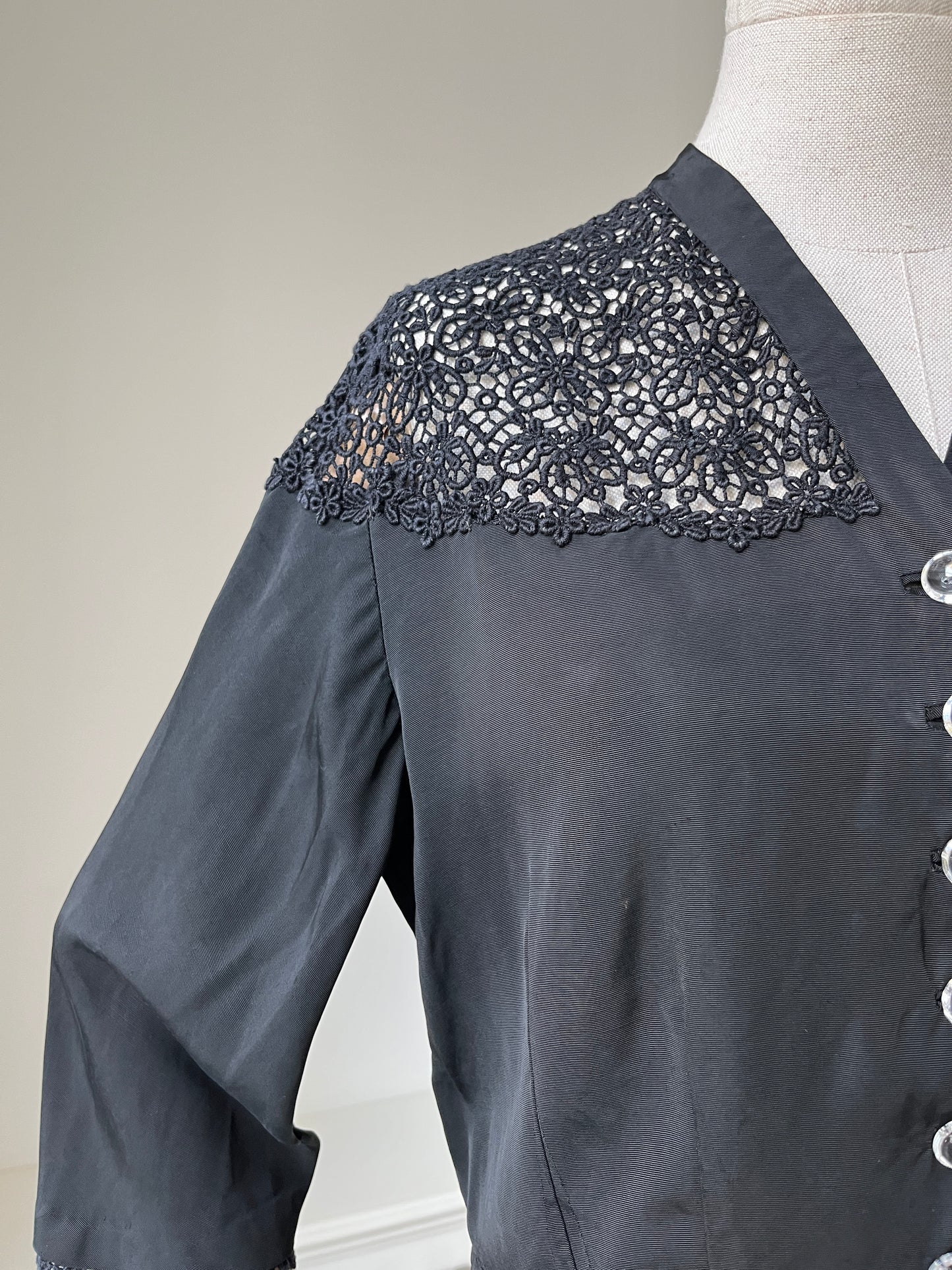 1950s Homemade Black Jacket with Cotton Guipure Lace