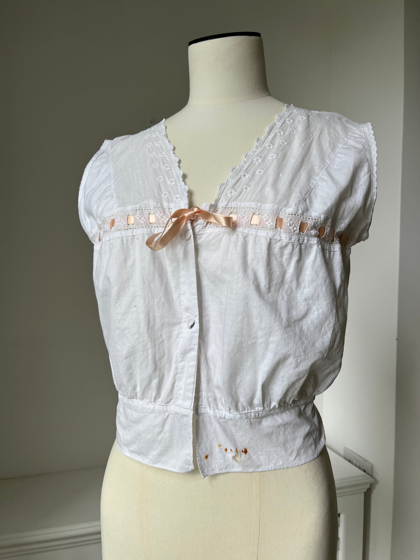 1910s Cotton Corset Cover with Pale Pink Ribbon