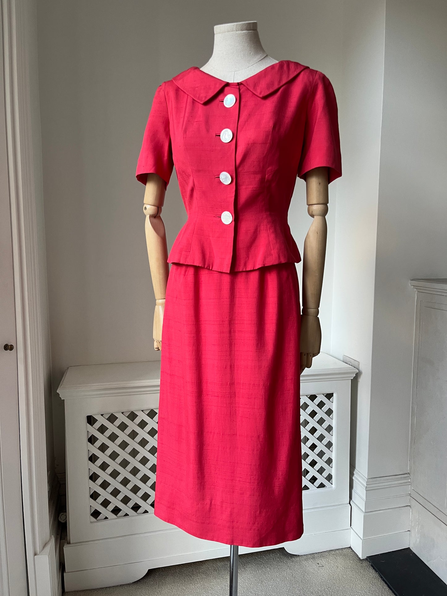 1950s Vibrant Red Slub Silk Suit with Mother of Pearl Buttons