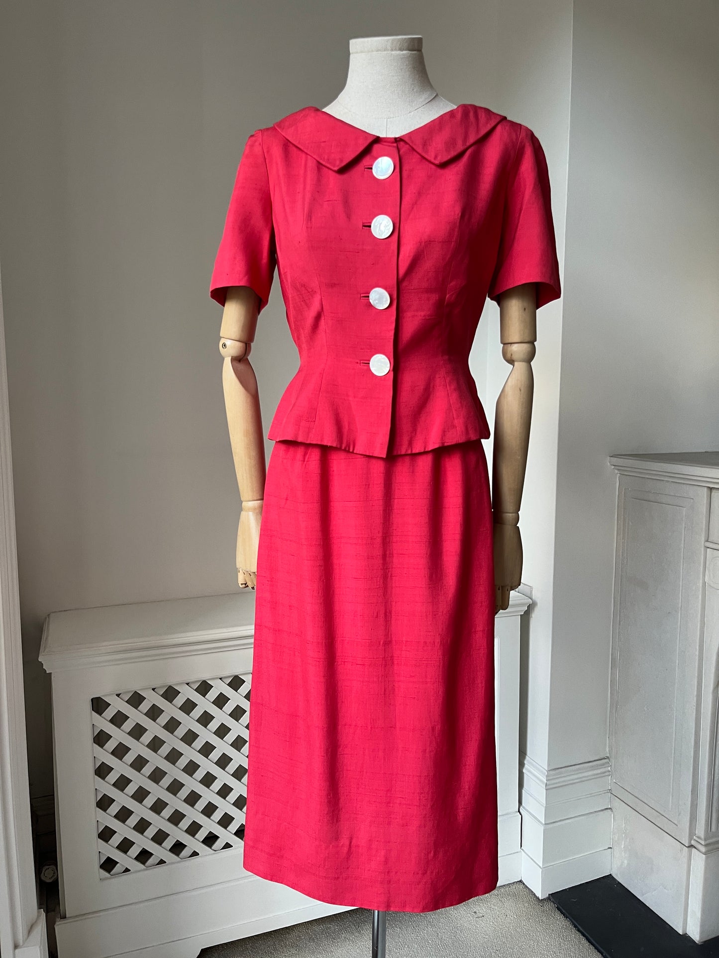 1950s Vibrant Red Slub Silk Suit with Mother of Pearl Buttons