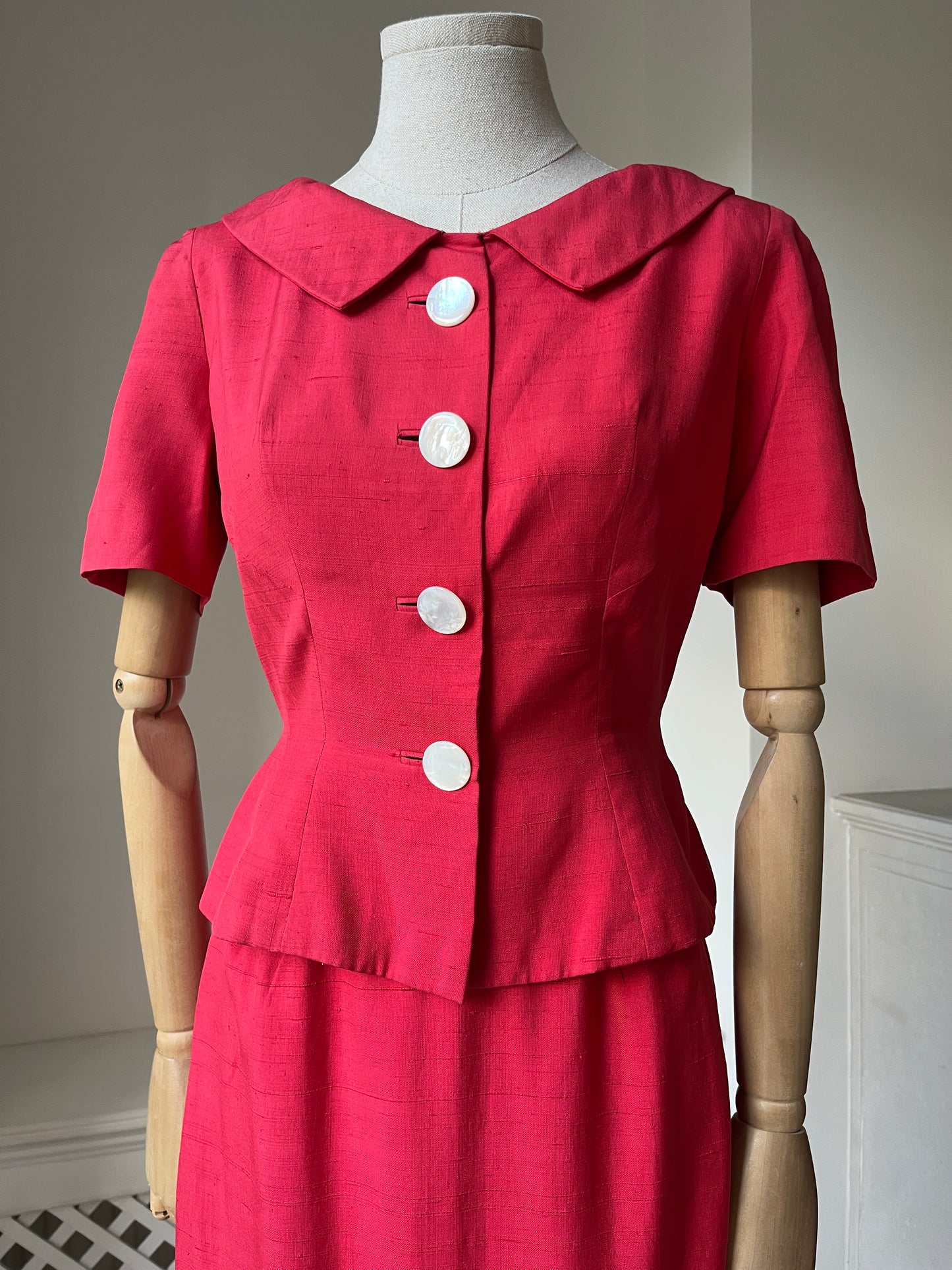 1950s Vibrant Red Slub Silk Suit with Mother of Pearl Buttons