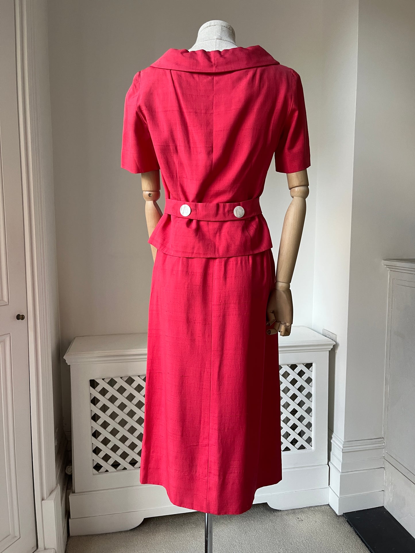 1950s Vibrant Red Slub Silk Suit with Mother of Pearl Buttons