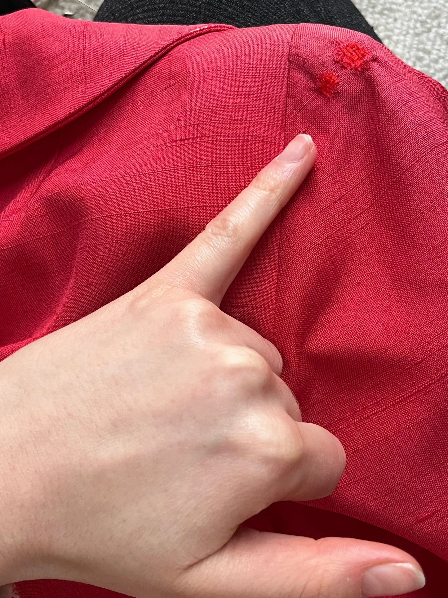 1950s Vibrant Red Slub Silk Suit with Mother of Pearl Buttons