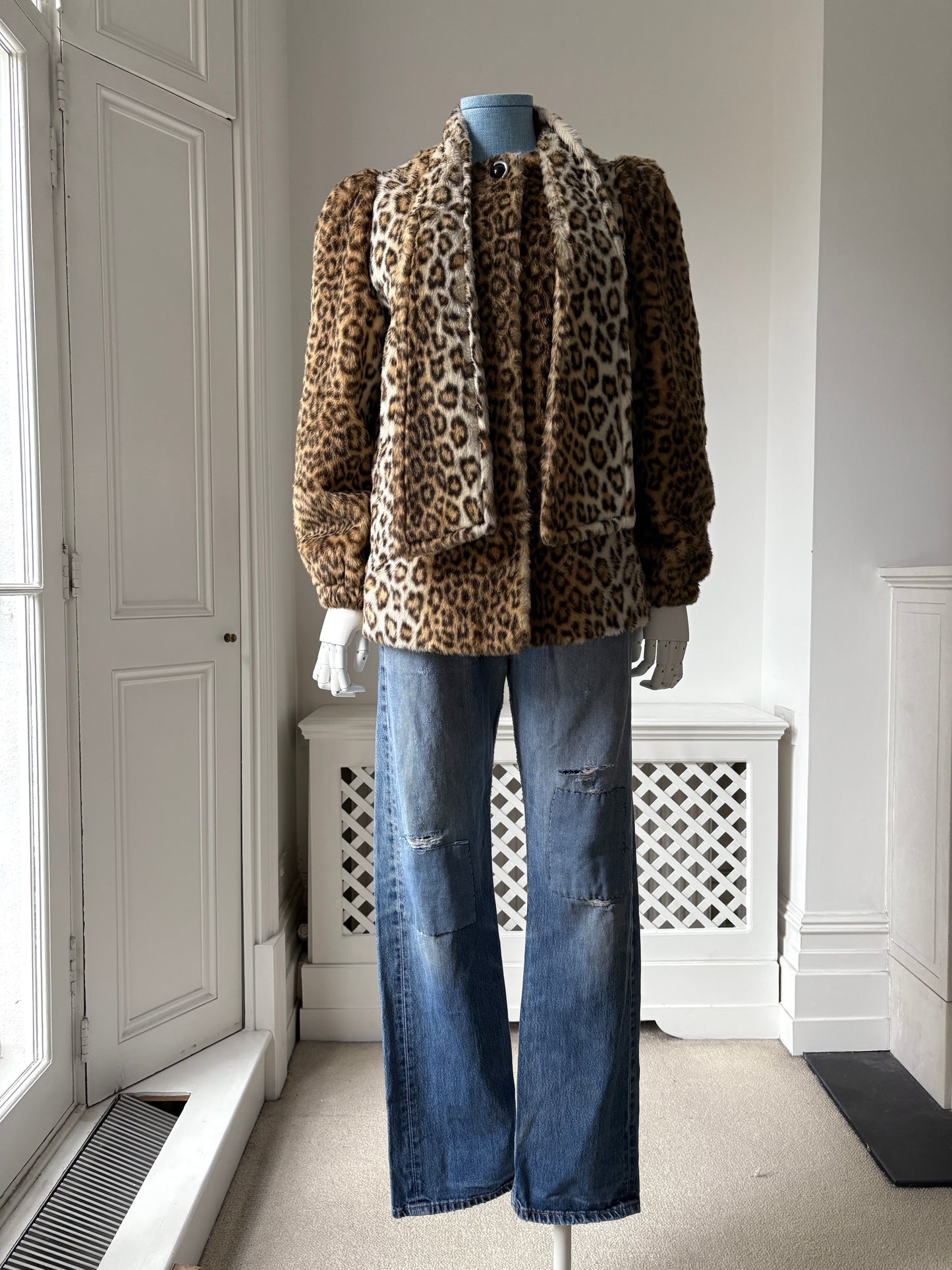 1980s Faux Fur Leopard Coat with Attached Scarf