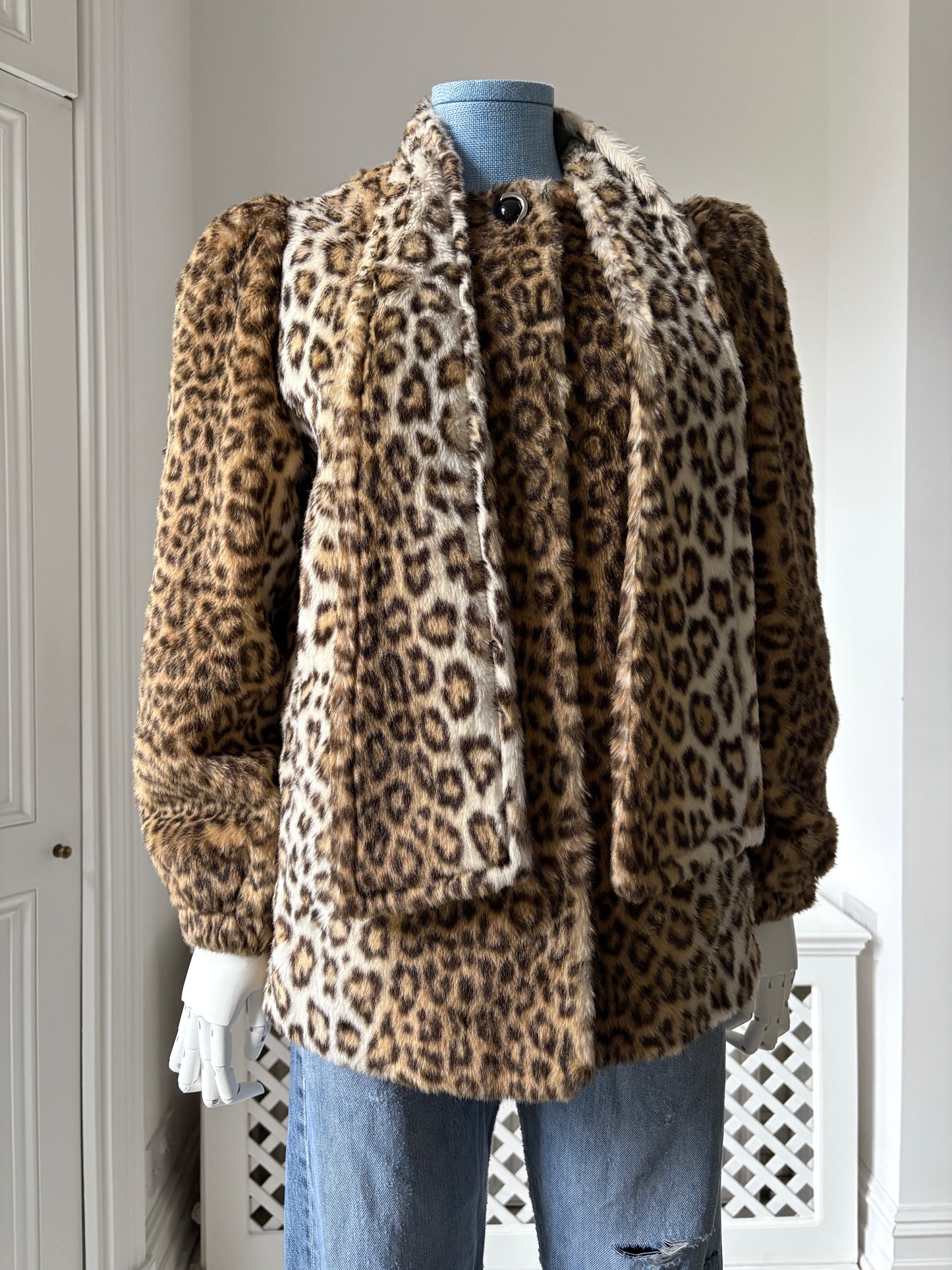 1980s Faux Fur Leopard Coat with Attached Scarf