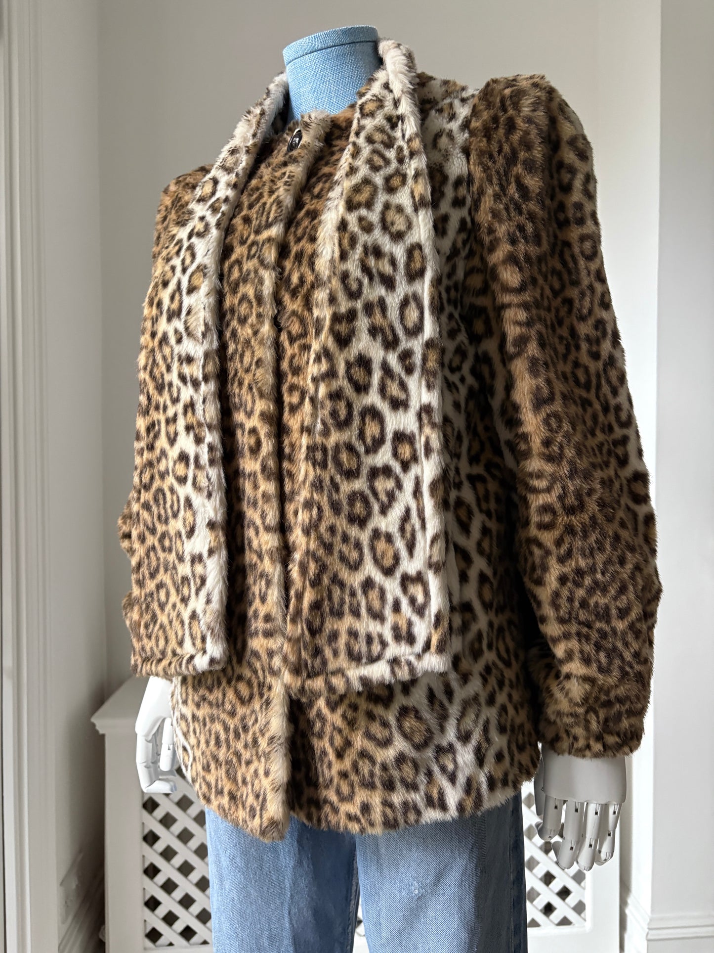 1980s Faux Fur Leopard Coat with Attached Scarf
