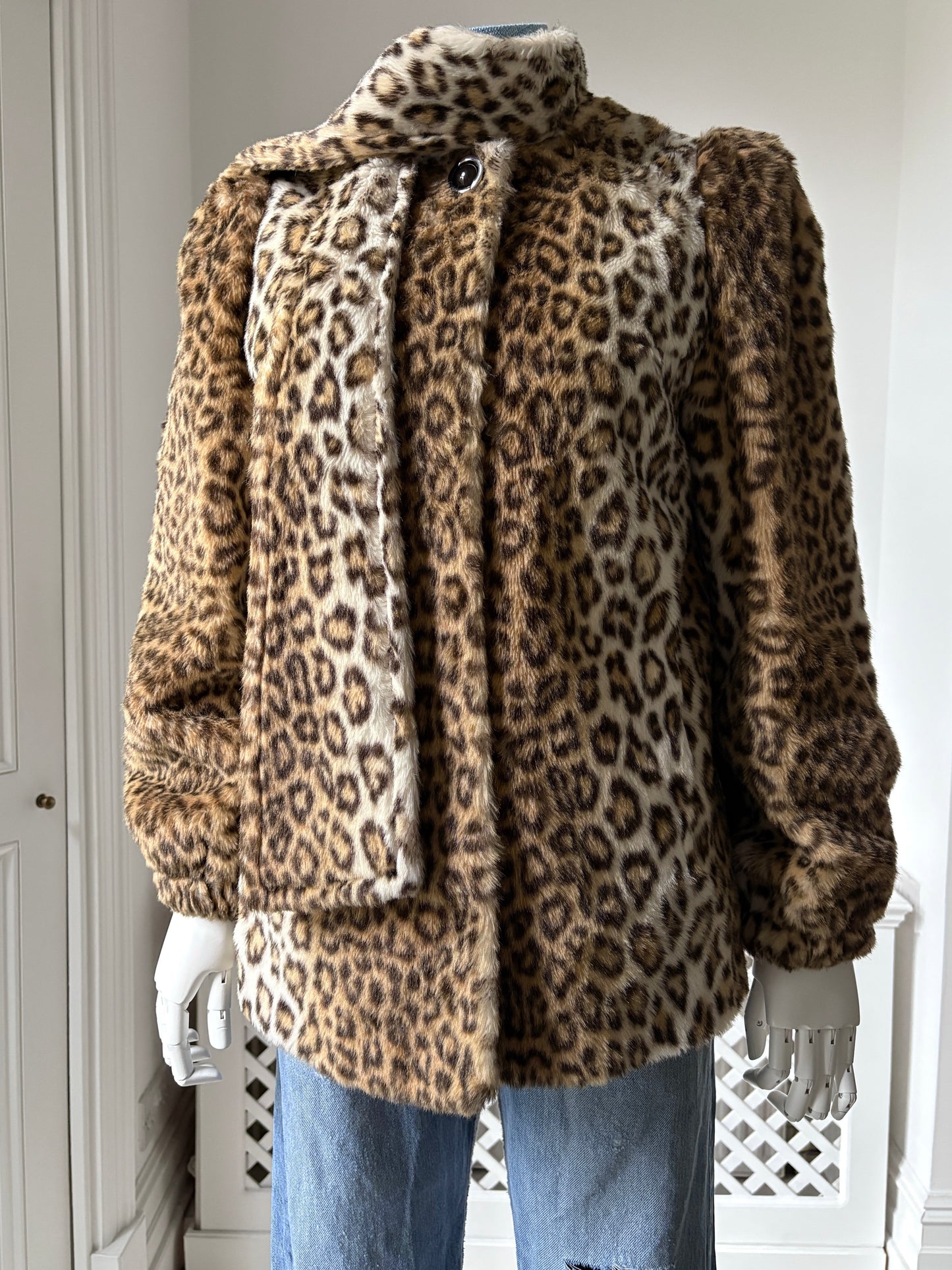 1980s Faux Fur Leopard Coat with Attached Scarf