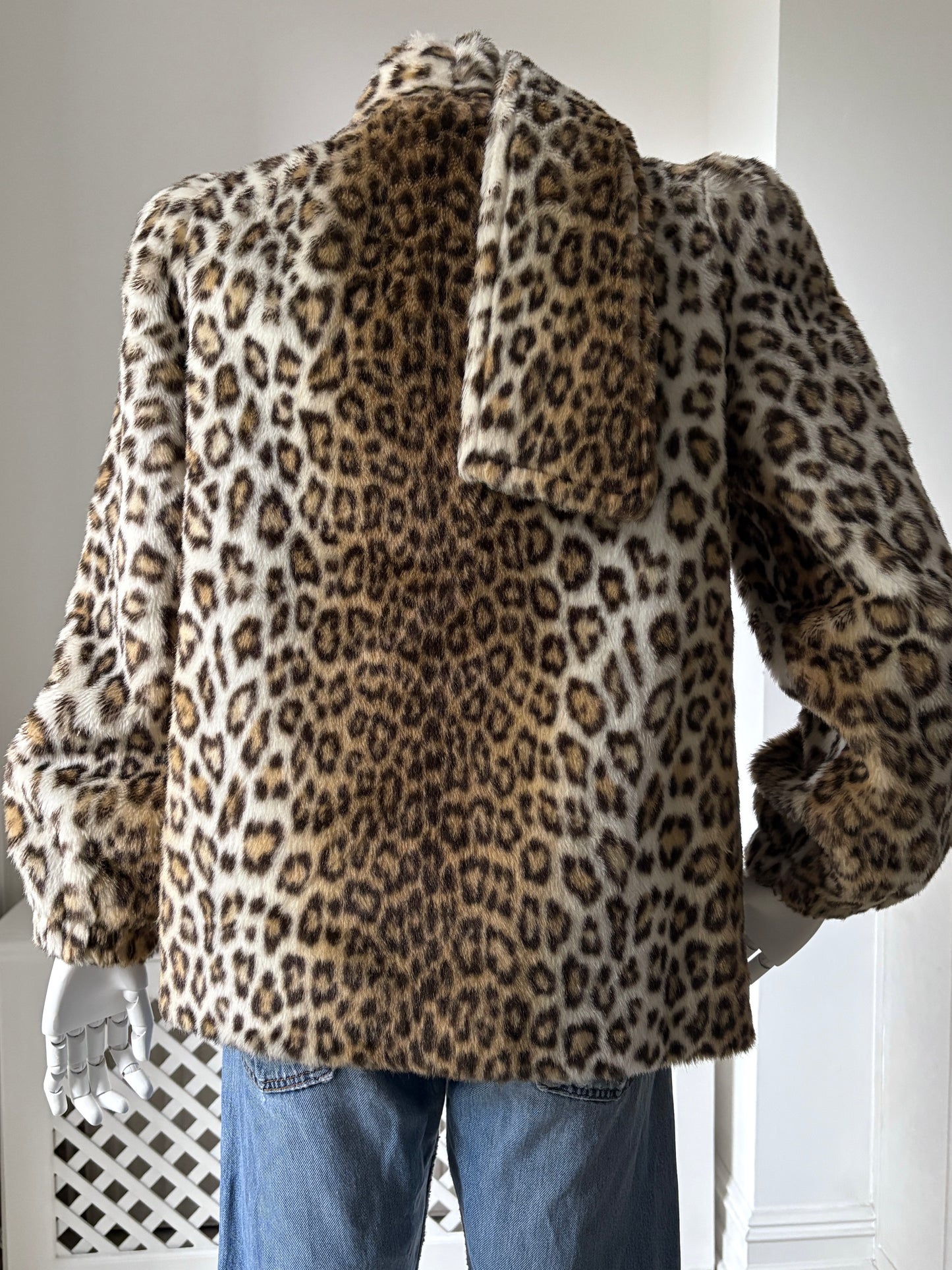 1980s Faux Fur Leopard Coat with Attached Scarf