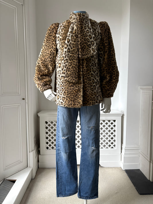 1980s Faux Fur Leopard Coat with Attached Scarf