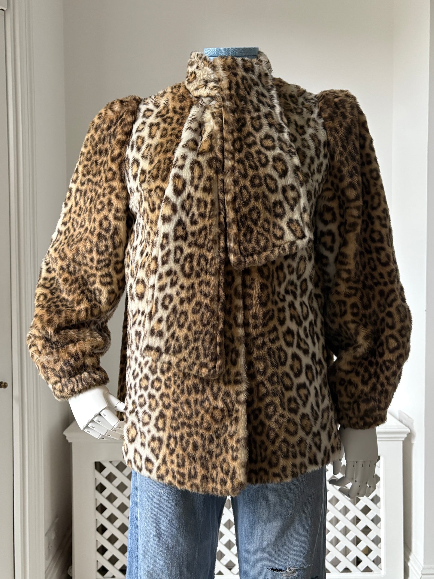 1980s Faux Fur Leopard Coat with Attached Scarf