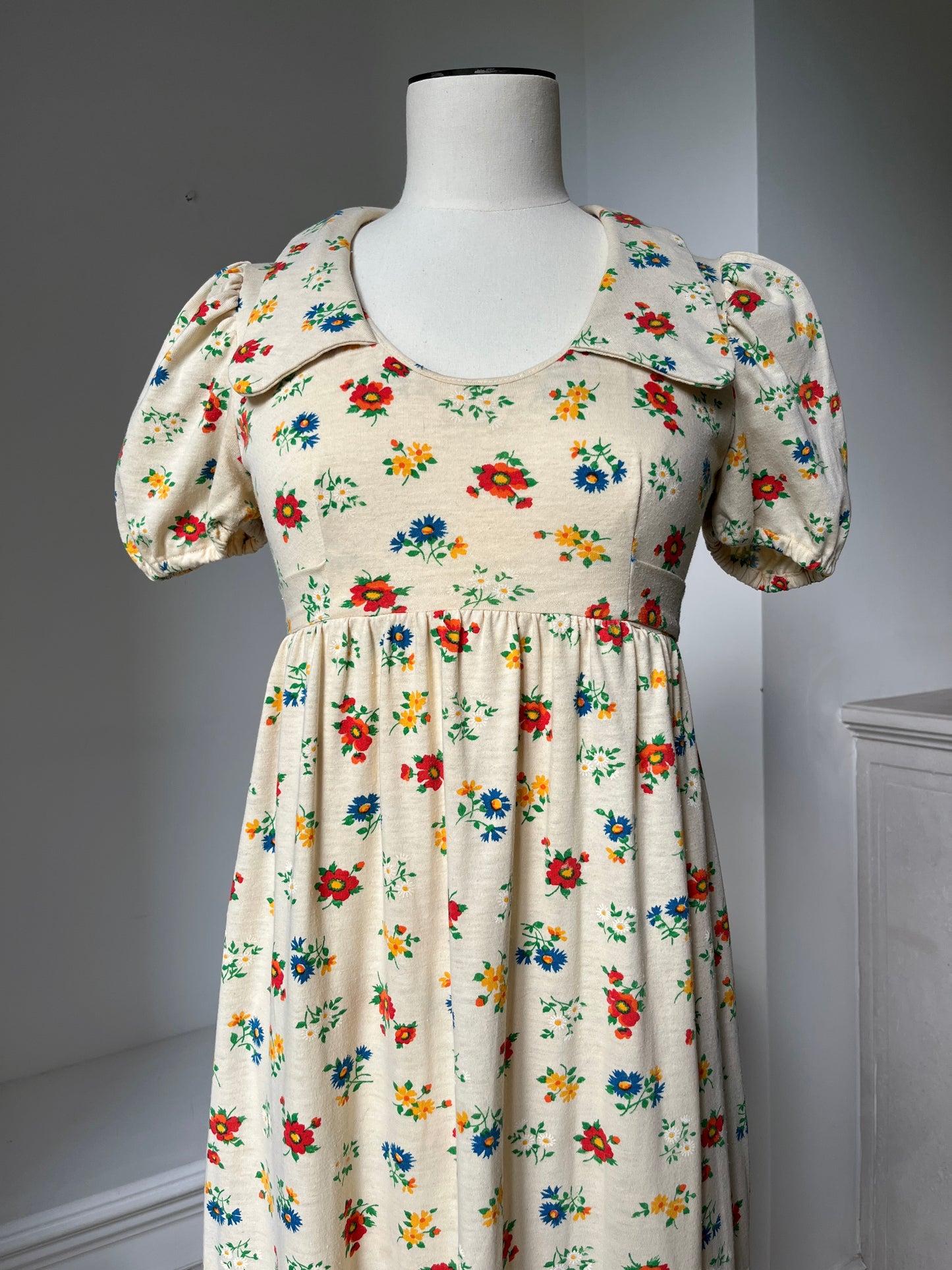 1970s Pale Yellow Ditsy Babydoll Dress