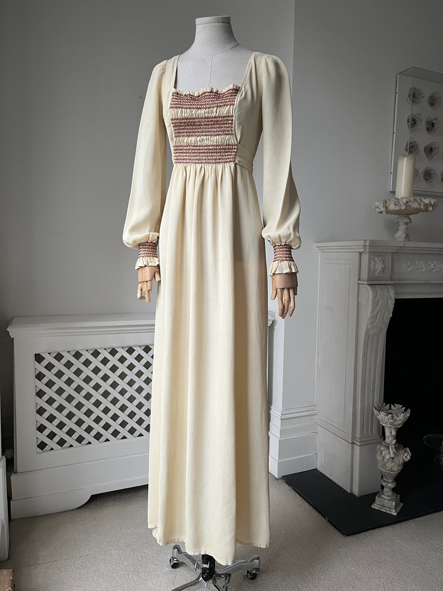 1970s Crepe Smocked Maxi Dress