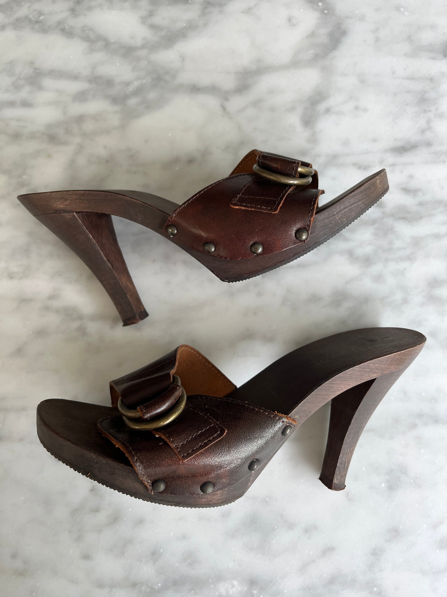 1970s 1980s Wooden Clog Mule Heels with Stud and Buckle Detail