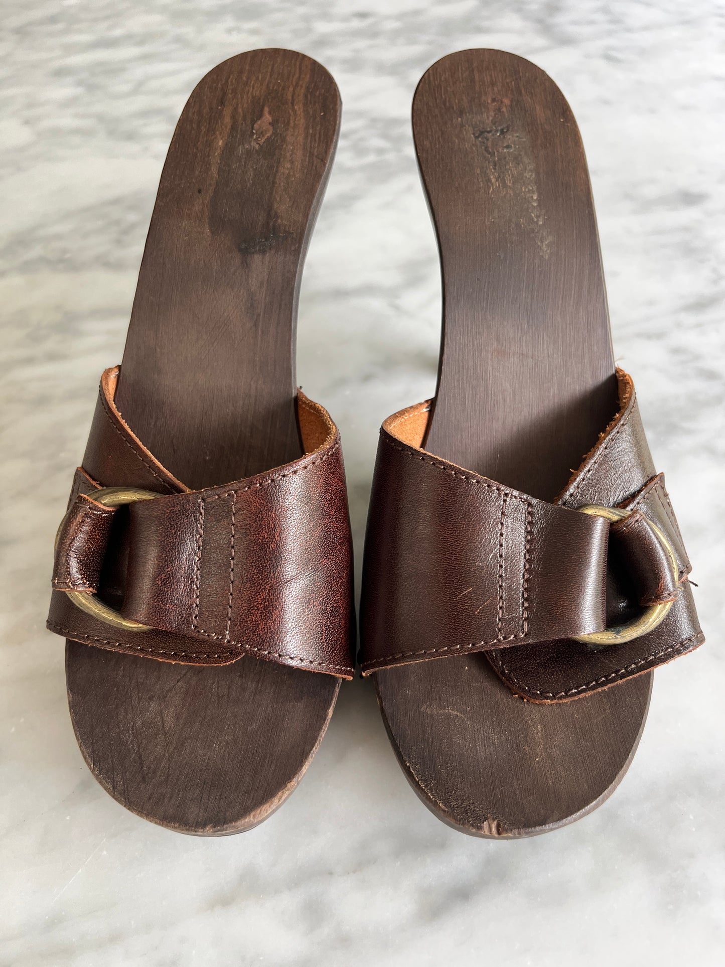 1970s 1980s Wooden Clog Mule Heels with Stud and Buckle Detail