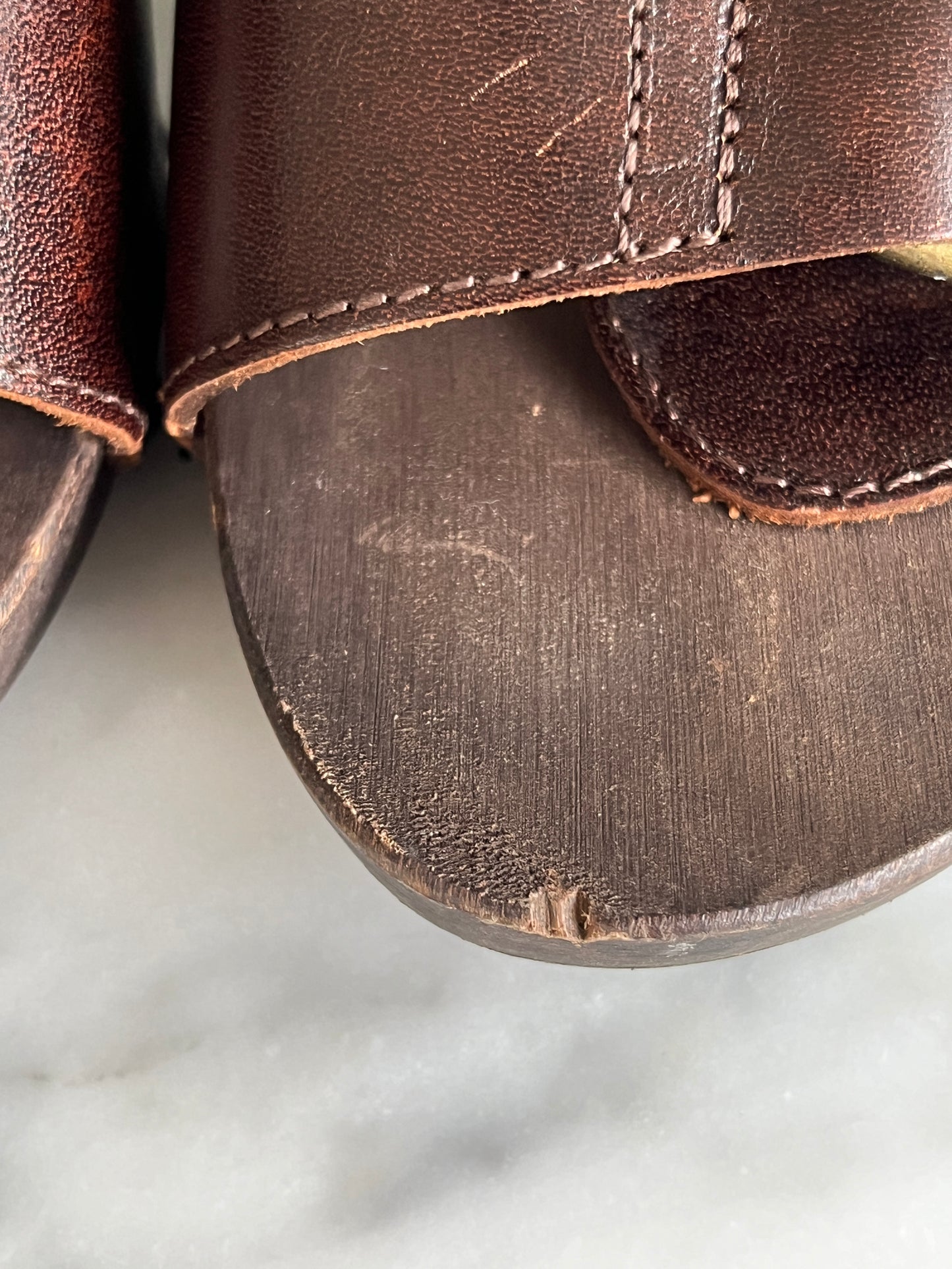 1970s 1980s Wooden Clog Mule Heels with Stud and Buckle Detail