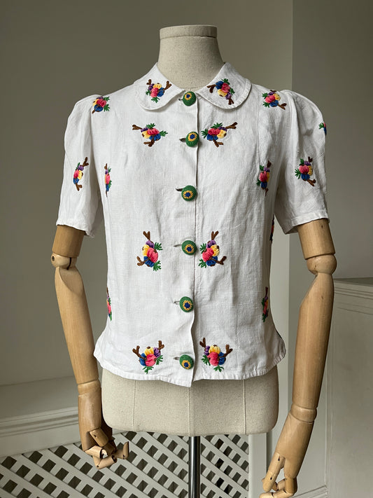 1930s Floral Embroidered Linen Weave Blouse