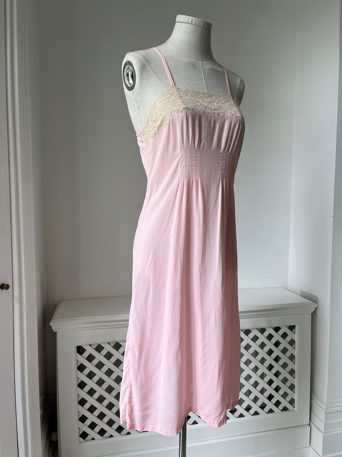 1940s Candy Floss Pink Midi Pink Slip with Lace