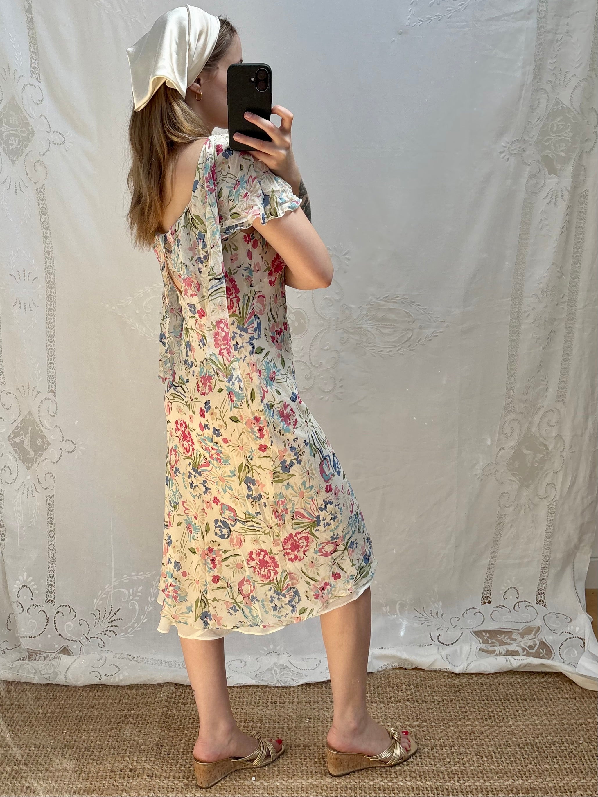 2000s Pure Silk Floral Dress with Caped Back