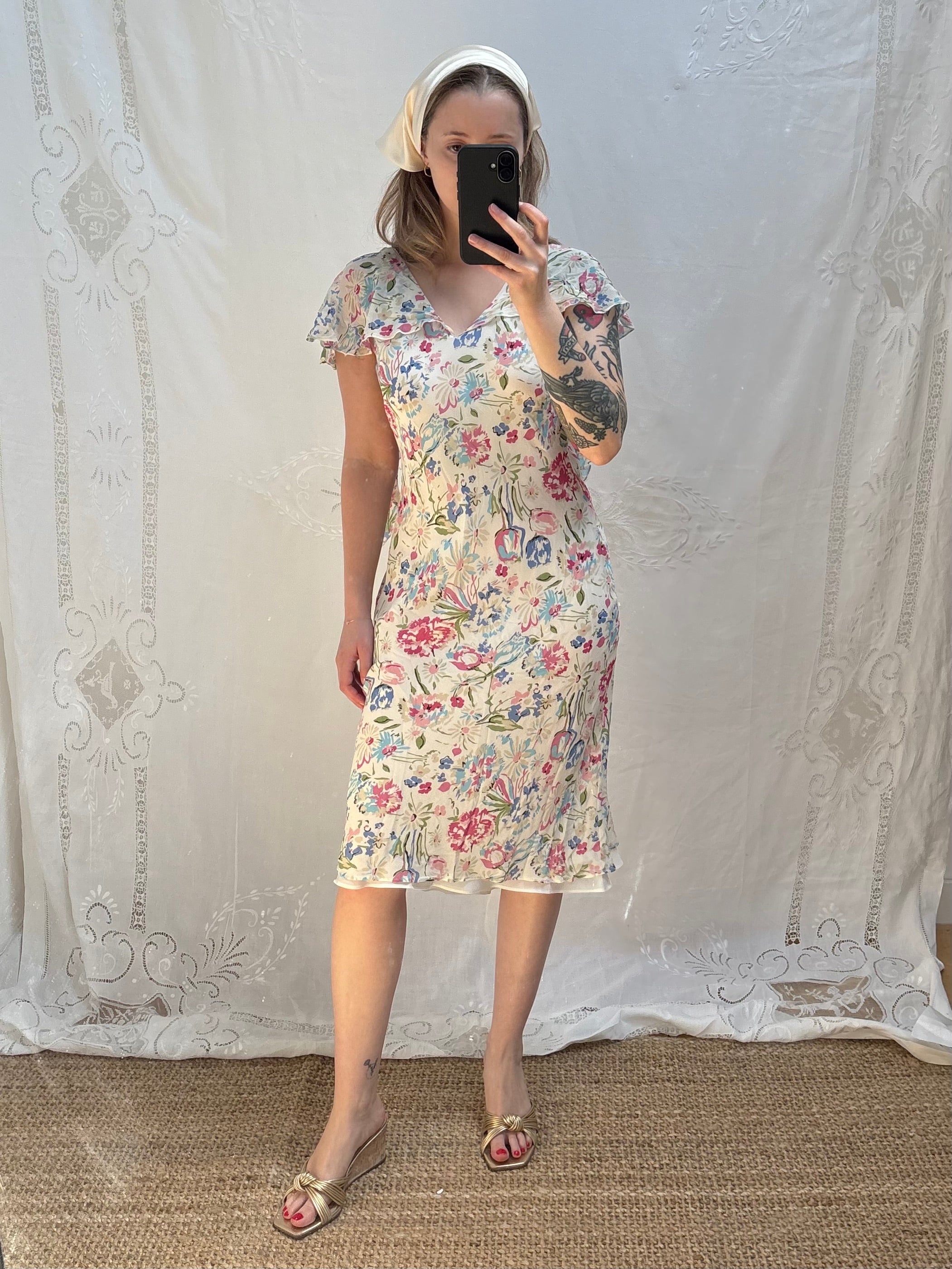 2000s Pure Silk Floral Dress with Caped Back