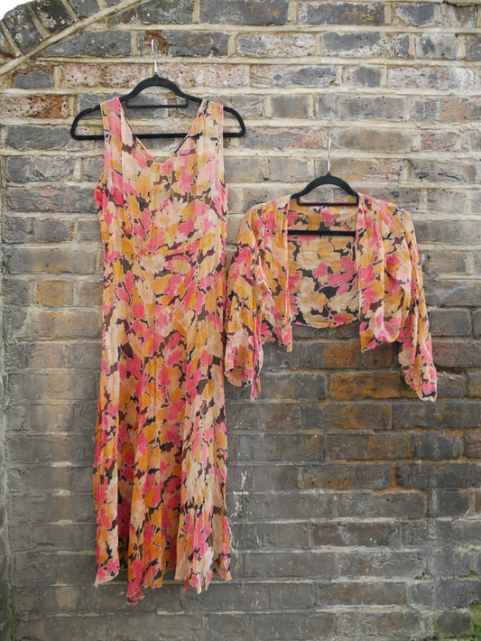 1930s Silk Chiffon Floral Dress Set