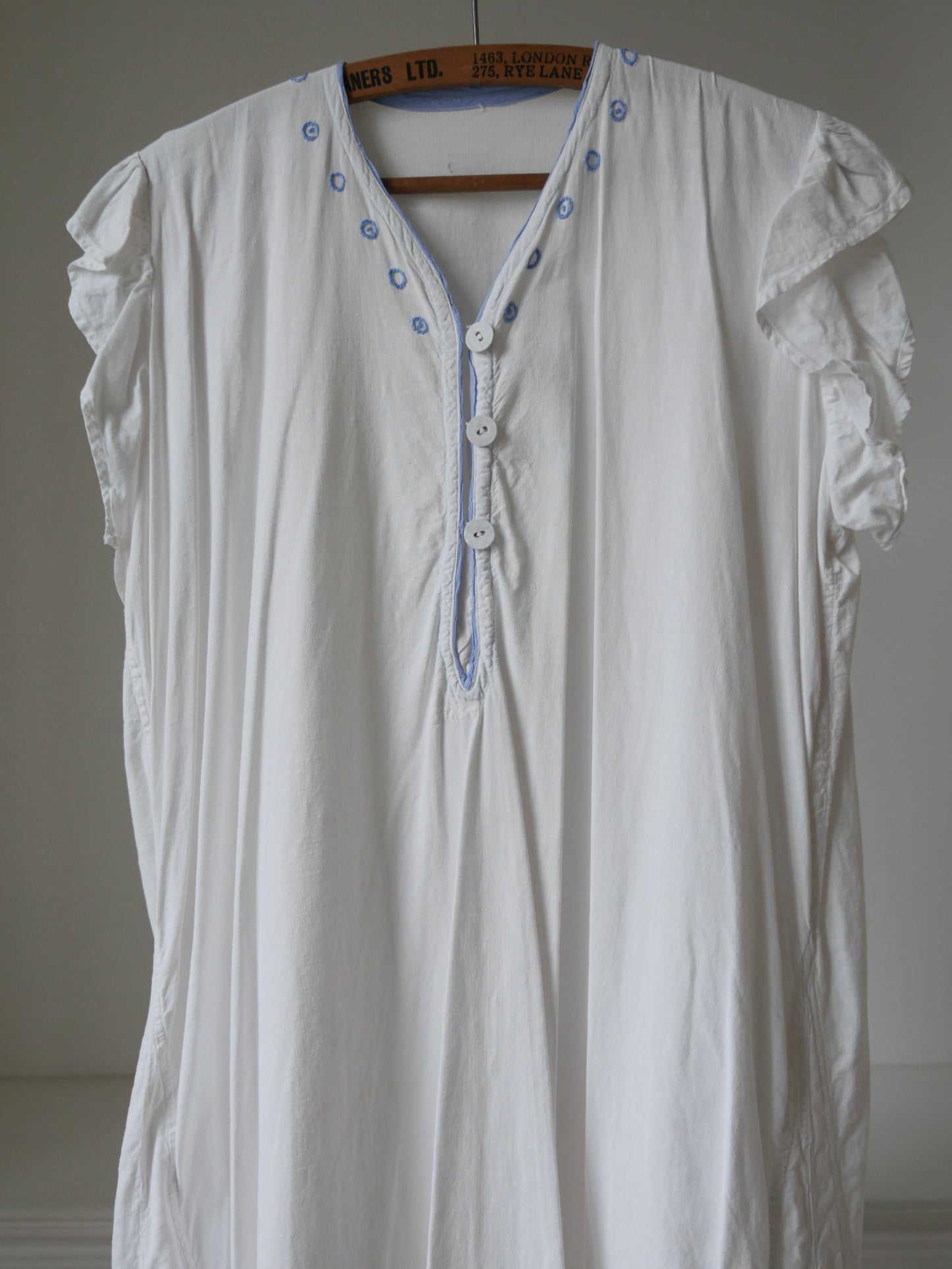 1930s White Cotton Nightdress with Blue Embroidery