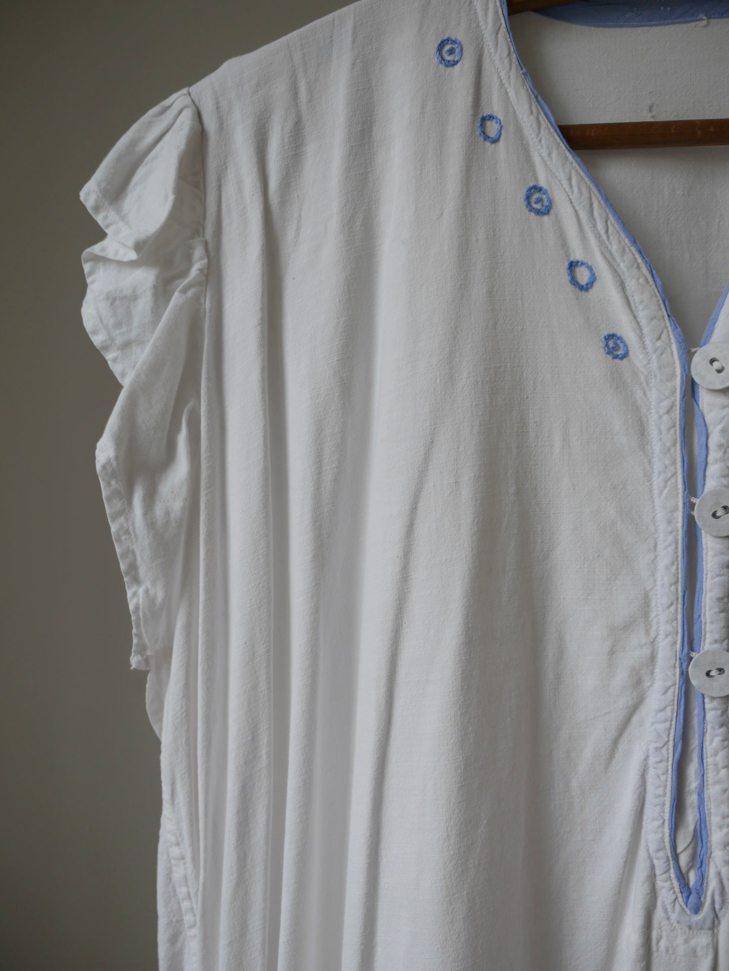 1930s White Cotton Nightdress with Blue Embroidery