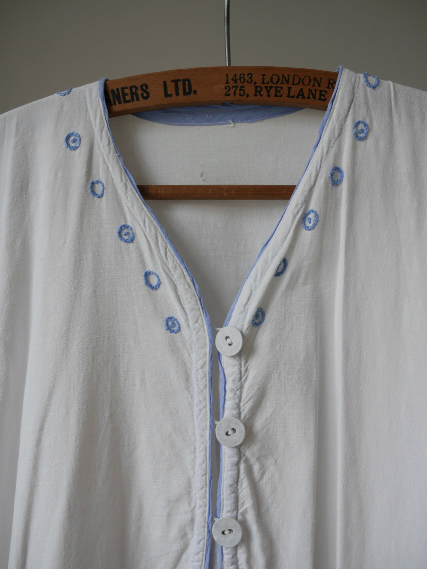 1930s White Cotton Nightdress with Blue Embroidery