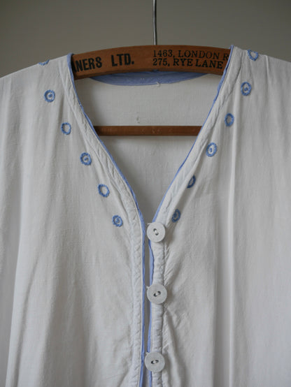 1930s White Cotton Nightdress with Blue Embroidery