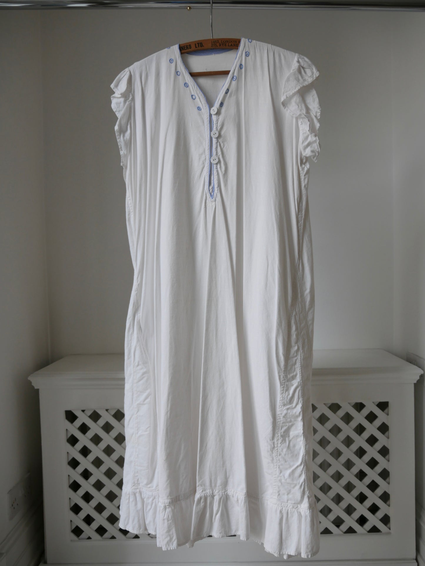 1930s White Cotton Nightdress with Blue Embroidery