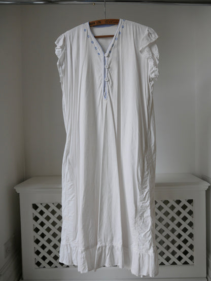 1930s White Cotton Nightdress with Blue Embroidery