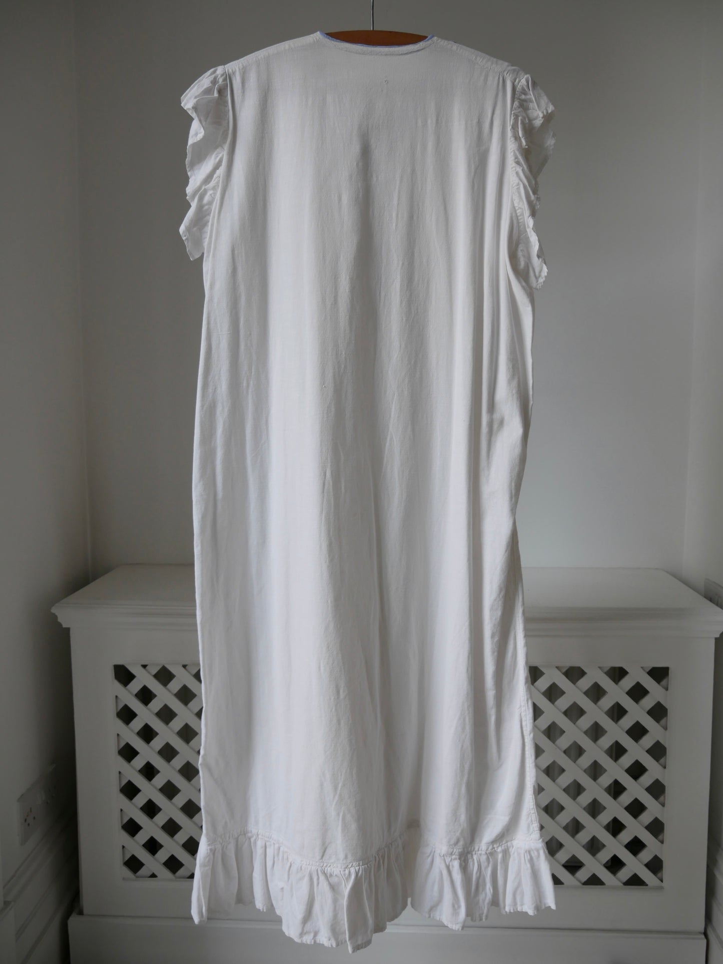 1930s White Cotton Nightdress with Blue Embroidery